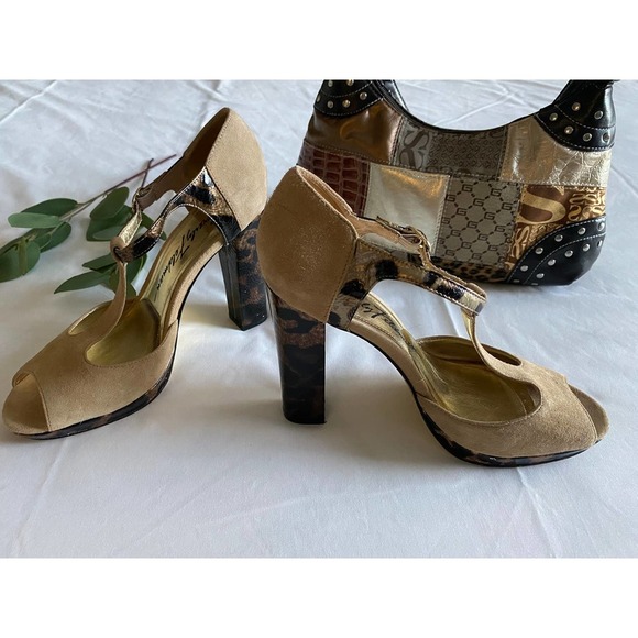 Block Heels Pumps 7.5 Peep Toe Suede Leopard UNIQUE - Picture 2 of 9